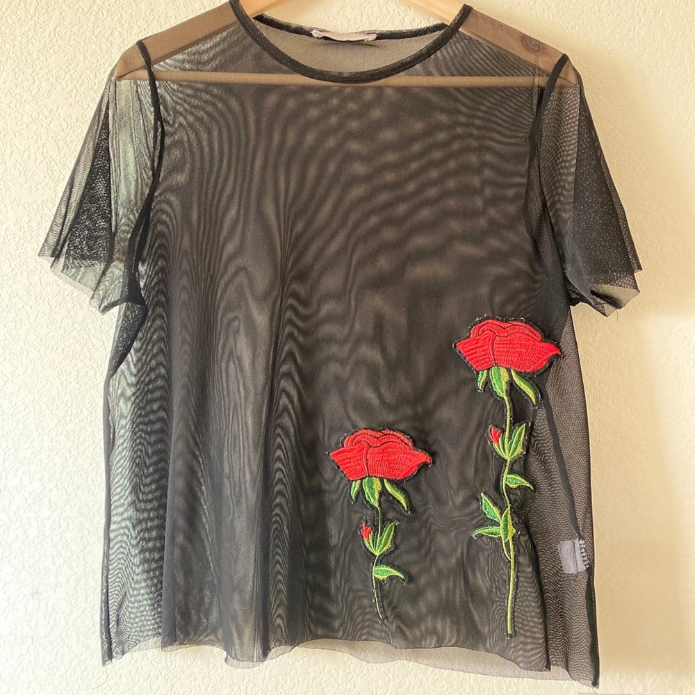 Mesh black rose blouse